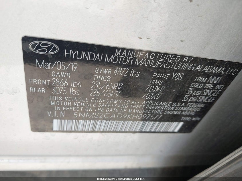 2019 Hyundai Santa fe VIN 5NMS2CAD9KH097577 IAAI salvage auction — LEFT FRONT, Salvage Title, sold $4,300 on 2026-07-09 (photo 9)