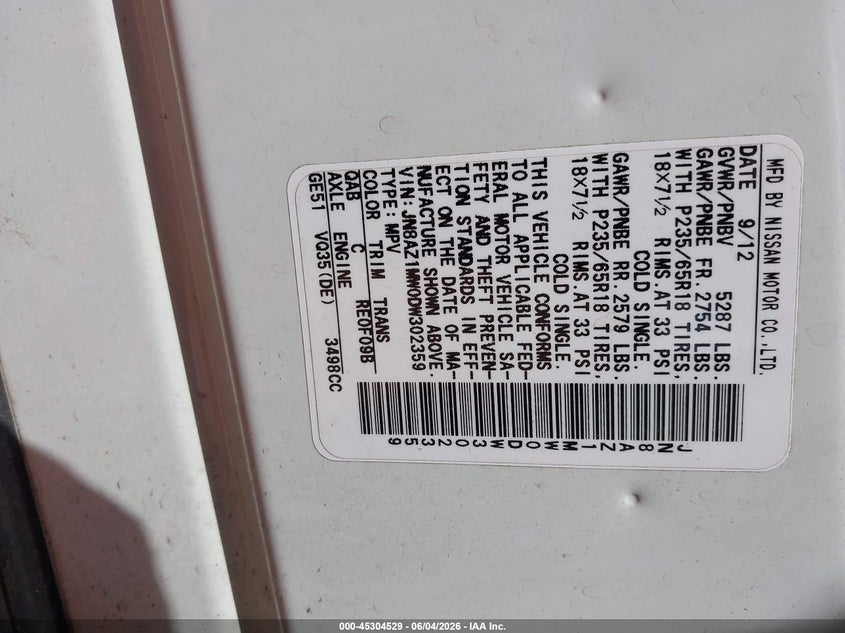 2013 Nissan Murano VIN JN8AZ1MW0DW302359 IAAI salvage auction — HAIL, Salvage Title, sold $500 on 2026-07-13 (photo 9)
