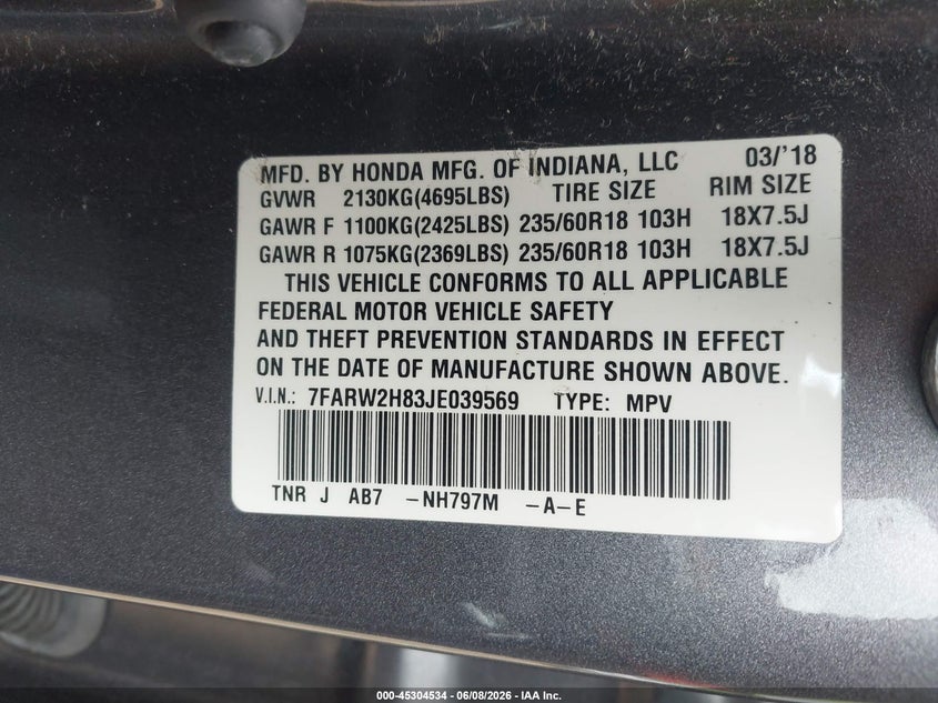 2018 Honda Cr-v VIN 7FARW2H83JE039569 IAAI salvage auction — RIGHT SIDE, Salvage (Illinois), sold $7,100 on 2026-07-15 (photo 9)