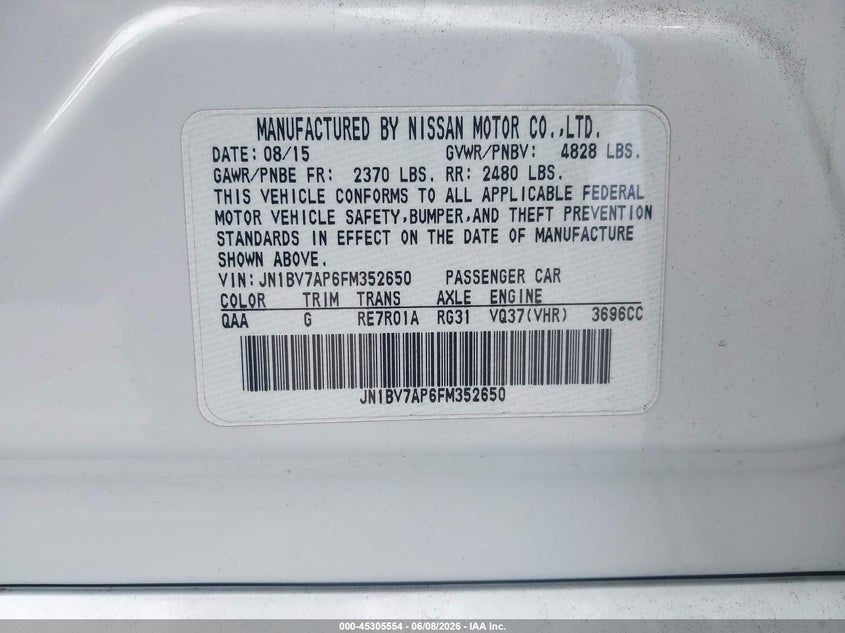 2015 Infiniti Q50 VIN JN1BV7AP6FM352650 IAAI salvage auction — FRONT END, Salvage Title, sold $2,700 on 2026-07-13 (photo 9)