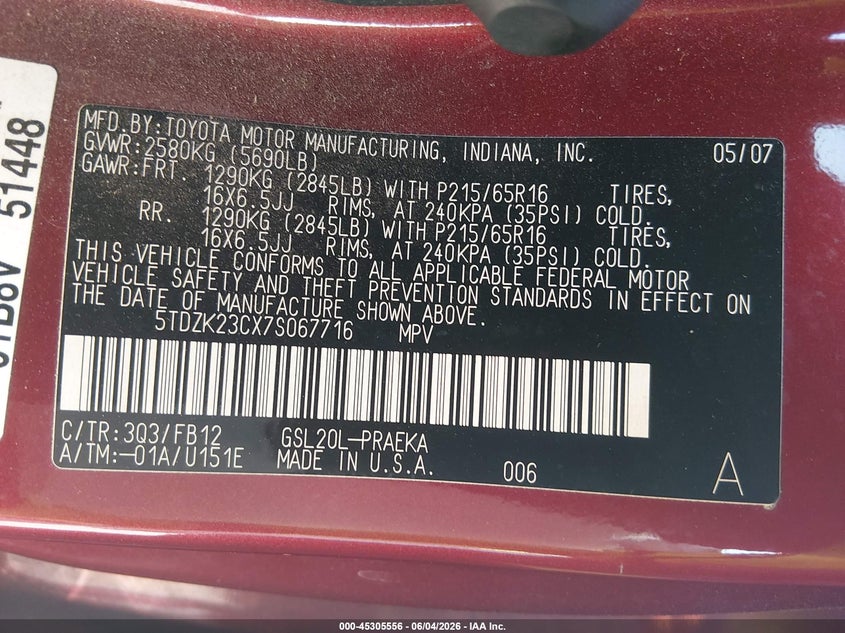 2007 Toyota Sienna VIN 5TDZK23CX7S067716 IAAI salvage auction — FRONT END, Salvage (California), sold $225 on 2026-07-08 (photo 9)