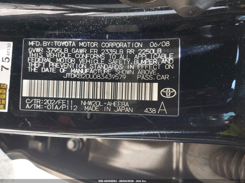 2008 Toyota Prius VIN JTDKB20U083439579 IAAI salvage auction — RIGHT FRONT, Repossession Paperwork (Georgia), sold $475 on 2026-07-09 (photo 9)