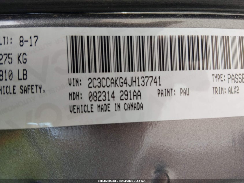 2018 Chrysler 300 VIN 2C3CCAKG4JH137741 IAAI salvage auction — RIGHT FRONT, Salvage Title, sold $2,350 on 2026-07-23 (photo 9)