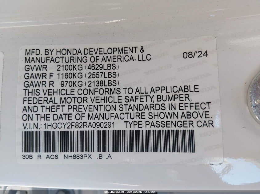 2024 Honda Accord VIN 1HGCY2F82RA090291 IAAI salvage auction — FRONT END, Salvage - 75% Or Less (Maryland), sold $14,000 on 2026-07-29 (photo 9)