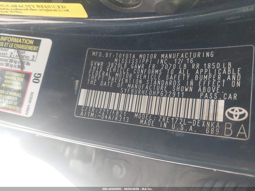 2017 Toyota Corolla VIN 5YFBURHE0HP622911 IAAI salvage auction — NORMAL WEAR, Original (Texas), sold $2,350 on 2026-07-10 (photo 9)