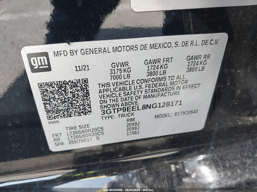 2022 Gmc SIERRA VIN 3GTP9EEL8NG128171 IAAI salvage auction — FRONT END, Salvage (California), sold $13,000 on 2026-07-30 (photo 9)