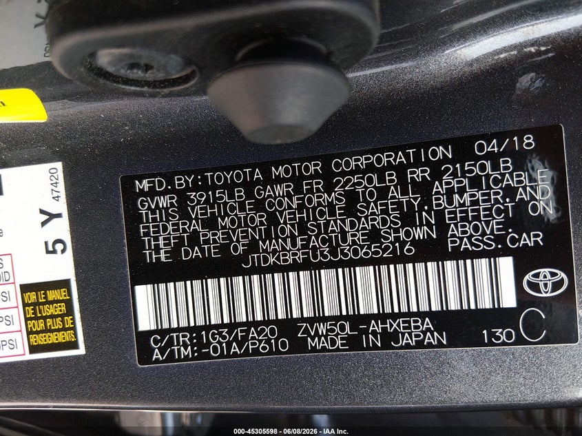 2018 Toyota Prius VIN JTDKBRFU3J3065216 IAAI salvage auction — LEFT FRONT, Salvage Title, sold $3,150 on 2026-07-29 (photo 9)