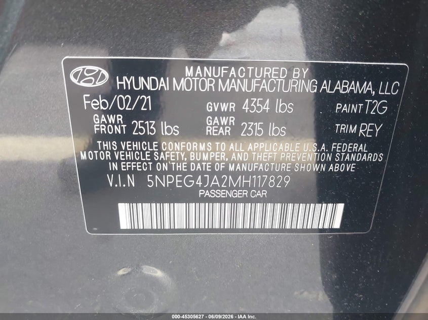 2021 Hyundai Sonata VIN 5NPEG4JA2MH117829 IAAI salvage auction — LEFT REAR, Salvage Title, sold $3,150 on 2026-07-16 (photo 9)