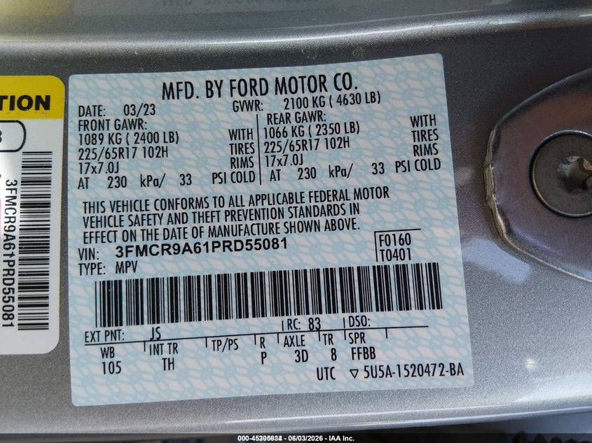 2023 Ford Bronco sport VIN 3FMCR9A61PRD55081 IAAI salvage auction — NORMAL WEAR, Sf97 (Iowa), sold $5,600 on 2026-07-09 (photo 9)