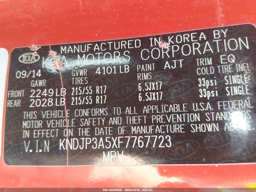 2015 Kia Soul VIN KNDJP3A5XF7767723 IAAI salvage auction — HAIL, Salvage Title, sold $1,025 on 2026-07-15 (photo 9)