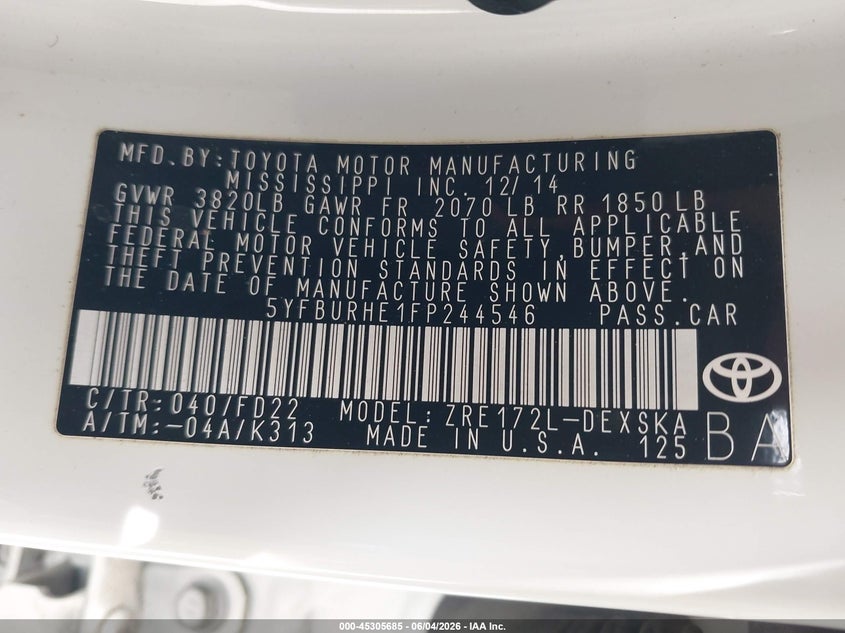 2015 Toyota Corolla VIN 5YFBURHE1FP244546 IAAI salvage auction — FRONT & REAR, Salvage (California), sold $2,650 on 2026-07-29 (photo 9)