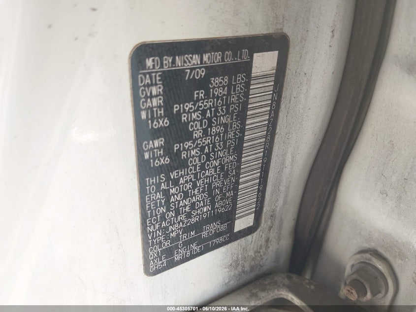 2009 Nissan Cube VIN JN8AZ28R19T119622 IAAI salvage auction — RIGHT FRONT, Salvage (Arizona), sold $1,000 on 2026-07-07 (photo 9)