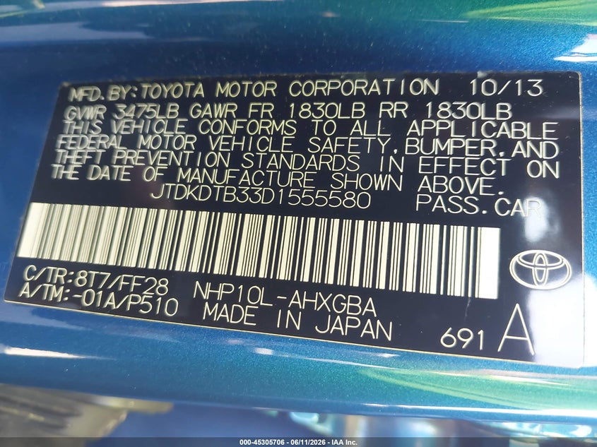 2013 Toyota Prius c VIN JTDKDTB33D1555580 IAAI salvage auction — FRONT END, Salvage (Georgia), sold $1,425 on 2026-07-22 (photo 9)
