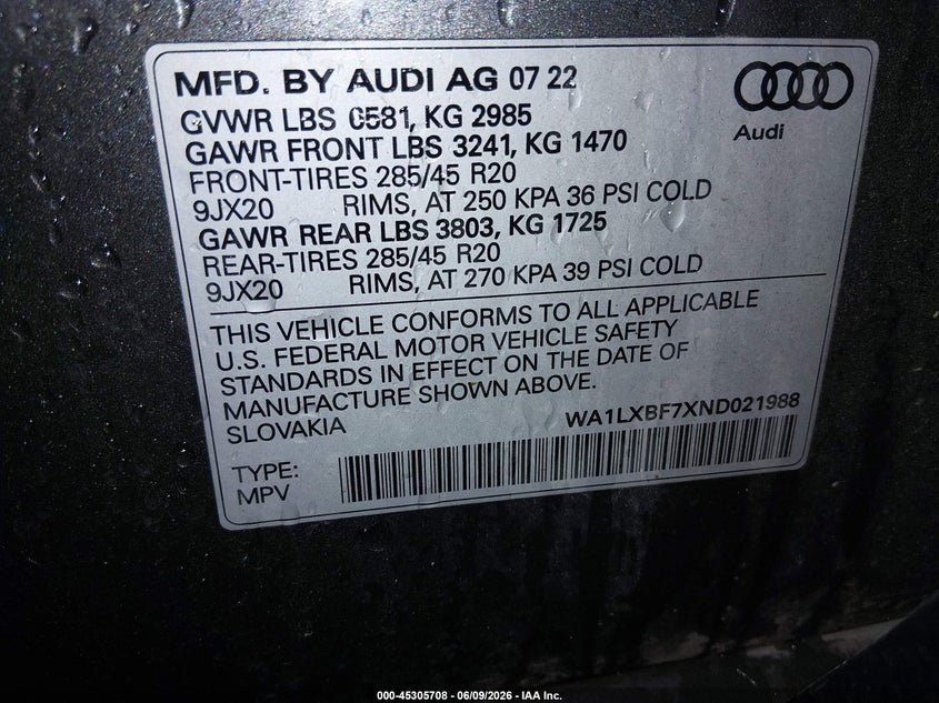2022 Audi Q7 VIN WA1LXBF7XND021988 IAAI salvage auction — FRONT END, Salvage (Idaho), sold $15,400 on 2026-07-31 (photo 9)