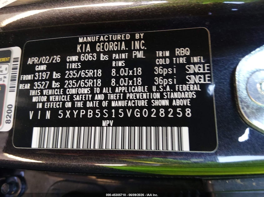2027 Kia Telluride VIN 5XYPB5S15VG028258 IAAI salvage auction — REAR END, Salvage Title, sold $22,425 on 2026-07-28 (photo 9)