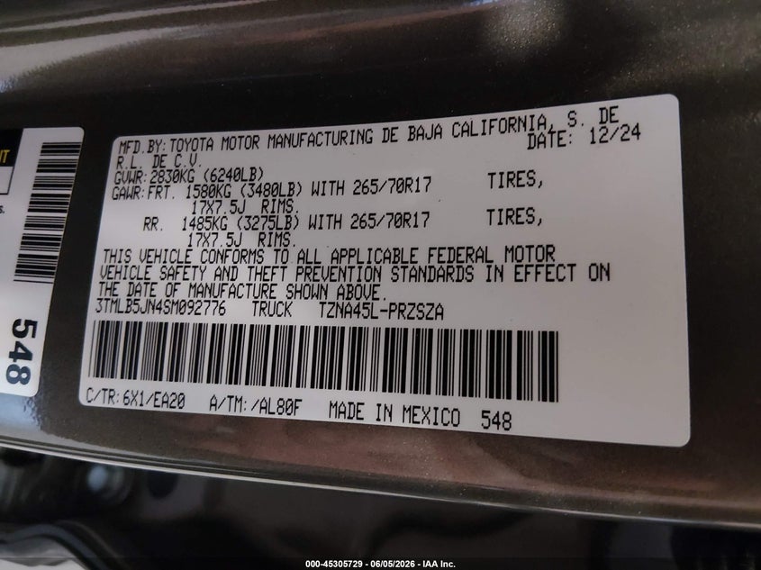 2025 Toyota Tacoma VIN 3TMLB5JN4SM092776 IAAI salvage auction — FRONT END, Salvage Title, sold $13,800 on 2026-07-11 (photo 9)