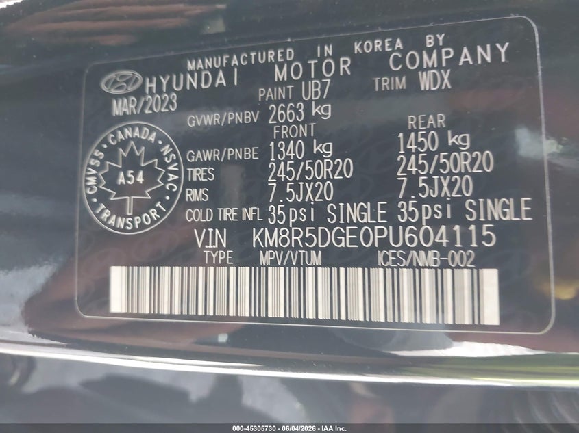 2023 Hyundai Palisade VIN KM8R5DGE0PU604115 IAAI salvage auction — FRONT END, Salvage Title, sold $8,100 on 2026-07-08 (photo 9)