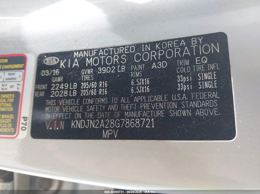 2016 Kia Soul VIN KNDJN2A28G7868721 IAAI salvage auction — NORMAL WEAR, Clear (Mississippi), sold $1,050 on 2026-07-10 (photo 9)