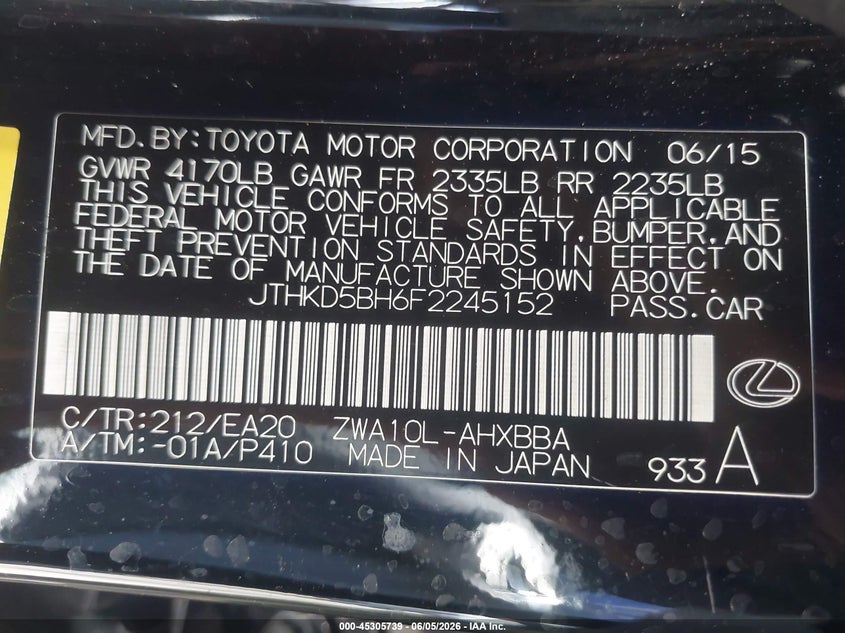 2015 Lexus Ct VIN JTHKD5BH6F2245152 IAAI salvage auction — FRONT END, Salvage Title, sold $2,800 on 2026-07-21 (photo 9)