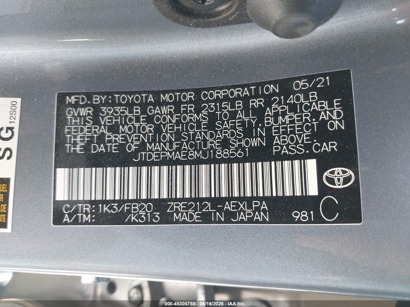 2021 Toyota Corolla VIN JTDEPMAE8MJ188561 IAAI salvage auction — LEFT SIDE, Non-Repairable (California), sold $4,150 on 2026-07-05 (photo 9)