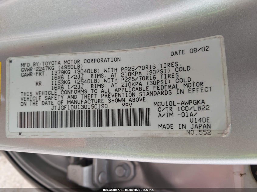 2003 Lexus Rx VIN JTJGF10U130150190 IAAI salvage auction — UNKNOWN, Clear (Tennessee), sold $300 on 2026-07-22 (photo 9)
