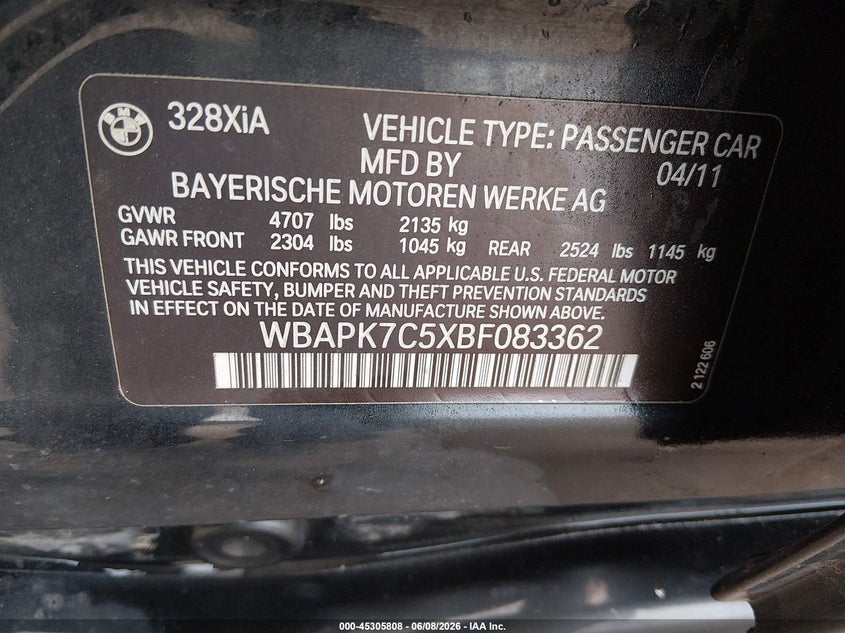 2011 BMW 3er VIN WBAPK7C5XBF083362 IAAI salvage auction — REAR END, Clear (Indiana), sold $1,400 on 2026-07-29 (photo 9)