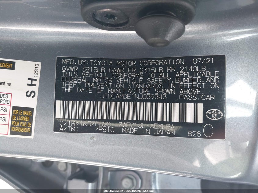 2022 Toyota Corolla VIN JTDEAMDE1NJ039343 IAAI salvage auction — FRONT END, Salvage Title, sold $1,850 on 2026-07-28 (photo 9)