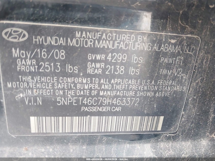 2009 Hyundai Sonata VIN 5NPET46C79H463372 IAAI salvage auction — LEFT FRONT, Salvage (Oklahoma), sold $400 on 2026-07-29 (photo 9)