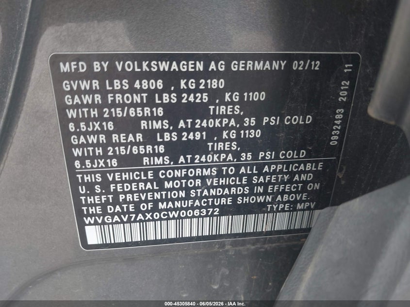 2012 Volkswagen Tiguan VIN WVGAV7AX0CW006372 IAAI salvage auction — FRONT END, Salvage Title, sold $475 on 2026-07-08 (photo 9)