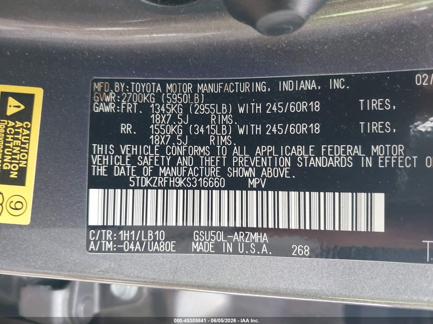 2019 Toyota Highlander VIN 5TDKZRFH9KS316660 IAAI salvage auction — HAIL, Salvage Title, sold $8,000 on 2026-07-29 (photo 9)