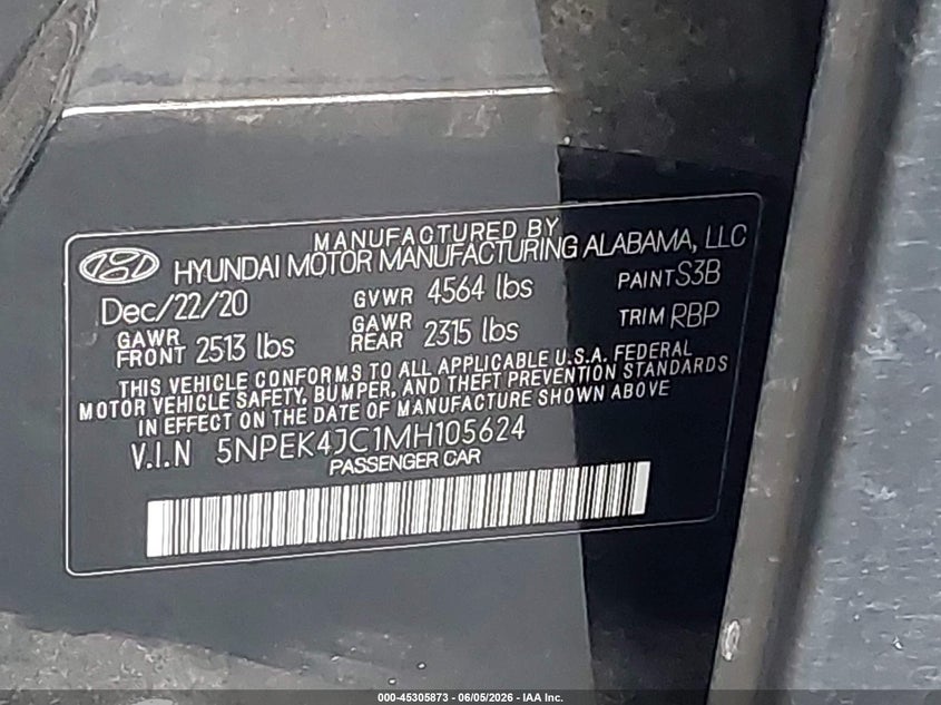 2021 Hyundai Sonata VIN 5NPEK4JC1MH105624 IAAI salvage auction — FRONT END, Salvage Title, sold $1,500 on 2026-07-23 (photo 9)