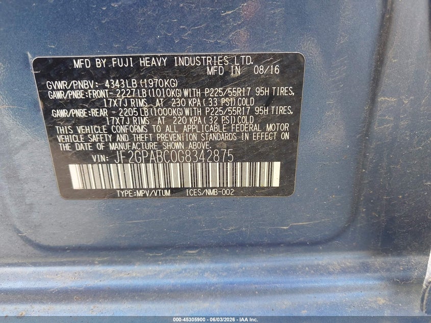 2016 Subaru Xv VIN JF2GPABC0G8342875 IAAI salvage auction — FRONT END, Salvage Title, sold $100 on 2026-07-17 (photo 9)