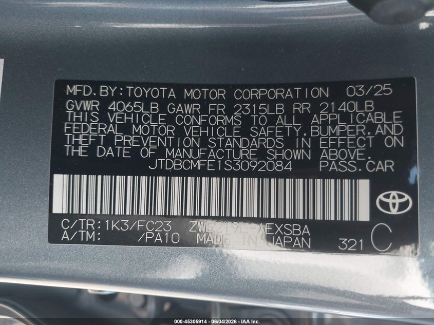 2025 Toyota Corolla VIN JTDBCMFE1S3092084 IAAI salvage auction — FRONT & REAR, Salvage Title, sold $5,000 on 2026-07-29 (photo 9)