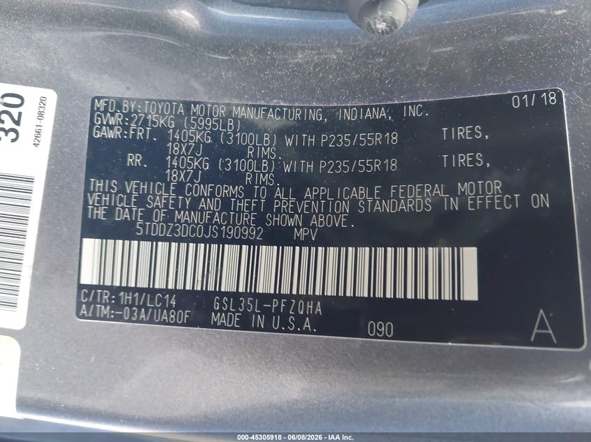 2018 Toyota Sienna VIN 5TDDZ3DC0JS190992 IAAI salvage auction — REAR END, Salvage Title, sold $8,100 on 2026-07-15 (photo 9)