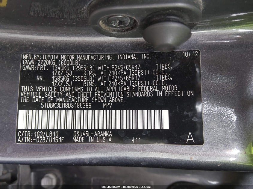 2013 Toyota Highlander VIN 5TDBK3EH8DS186389 IAAI salvage auction — LEFT SIDE, Salvage Title, sold $3,150 on 2026-07-29 (photo 9)