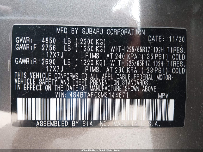 2021 Subaru Outback VIN 4S4BTAFC9M3144671 IAAI salvage auction — RIGHT FRONT, Salvage Title, sold $6,900 on 2026-07-21 (photo 9)