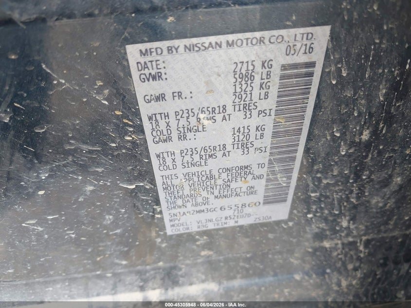 2016 Nissan Pathfinder VIN 5N1AR2MM3GC655860 IAAI salvage auction — NORMAL WEAR, Regular Certificate (Iowa), sold $675 on 2026-07-18 (photo 9)