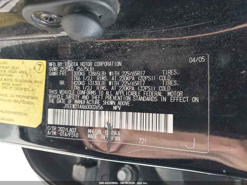 2006 Toyota Highlander VIN JTEEW21AX60002656 IAAI salvage auction — FRONT END, Prior Salvage (Minnesota), sold $25 on 2026-07-21 (photo 9)