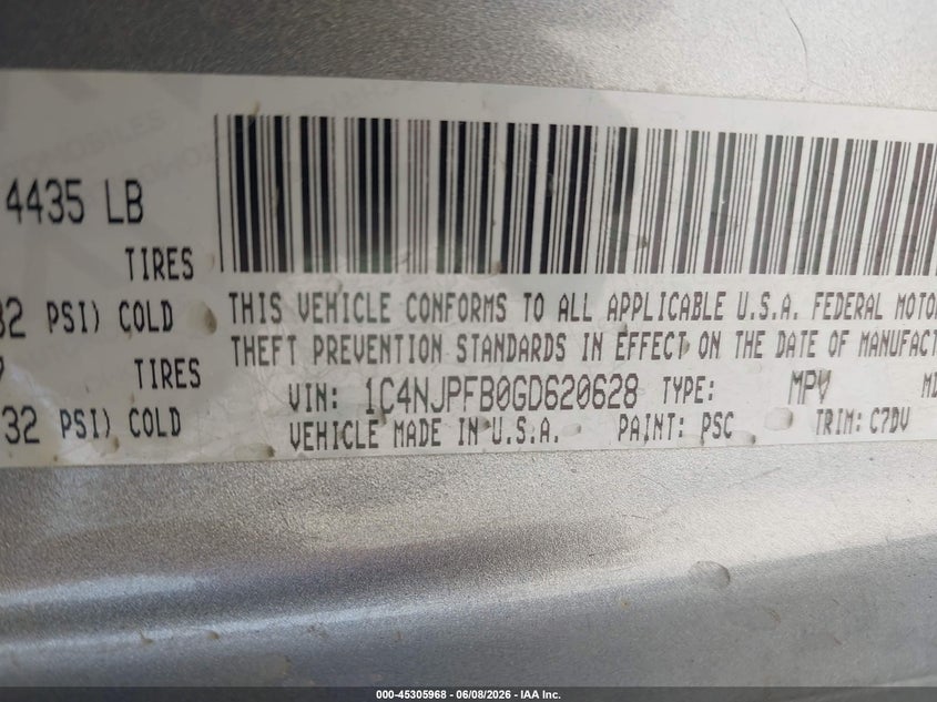 2016 Jeep Liberty (patriot) VIN 1C4NJPFB0GD620628 IAAI salvage auction — REAR END, Salvage Title, sold $1,450 on 2026-07-09 (photo 9)