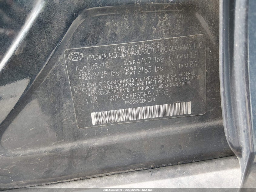 2013 Hyundai Sonata VIN 5NPEC4AB3DH577103 IAAI salvage auction — RIGHT FRONT, Salvage Title, sold $875 on 2026-07-14 (photo 9)