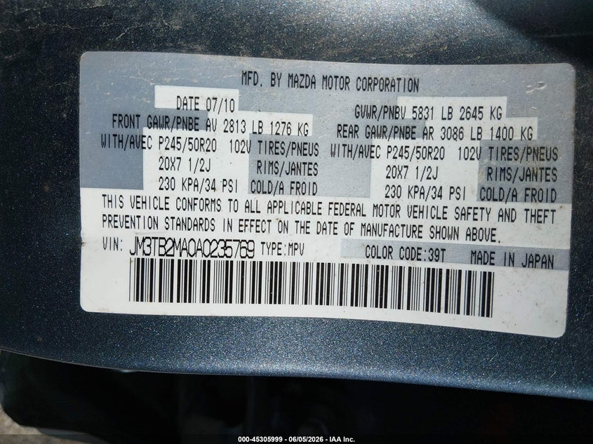 2010 Mazda Cx-9 VIN JM3TB2MA0A0235769 IAAI salvage auction — LEFT SIDE, Clear (Tennessee), sold $525 on 2026-07-16 (photo 9)