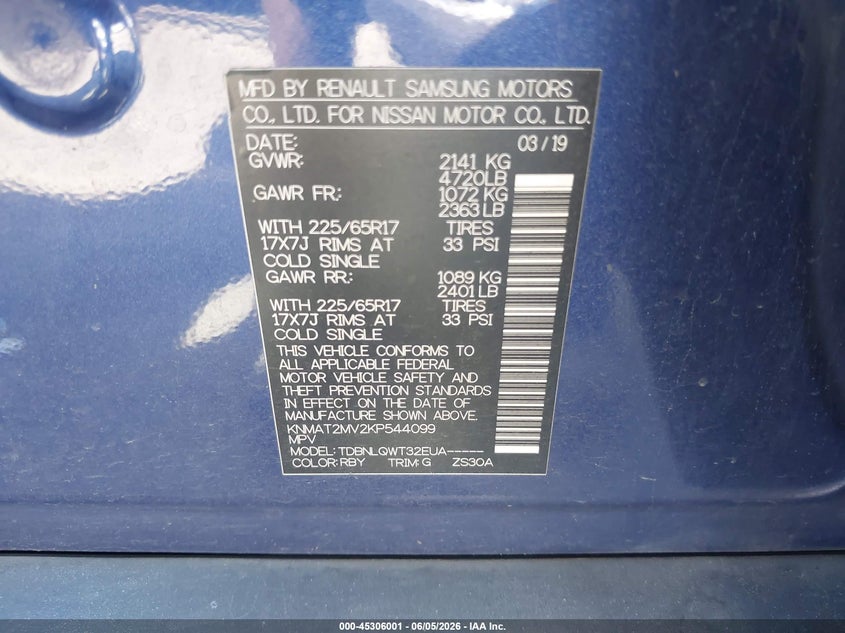 2019 Nissan Rogue VIN KNMAT2MV2KP544099 IAAI salvage auction — FRONT END, Salvage (North Carolina), sold $1,500 on 2026-07-29 (photo 9)
