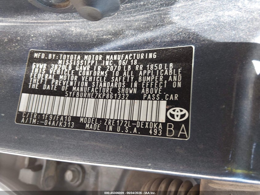 2019 Toyota Corolla VIN 5YFBURHE7KP861332 IAAI salvage auction — LEFT FRONT, Salvage Title, sold $2,550 on 2026-07-22 (photo 9)