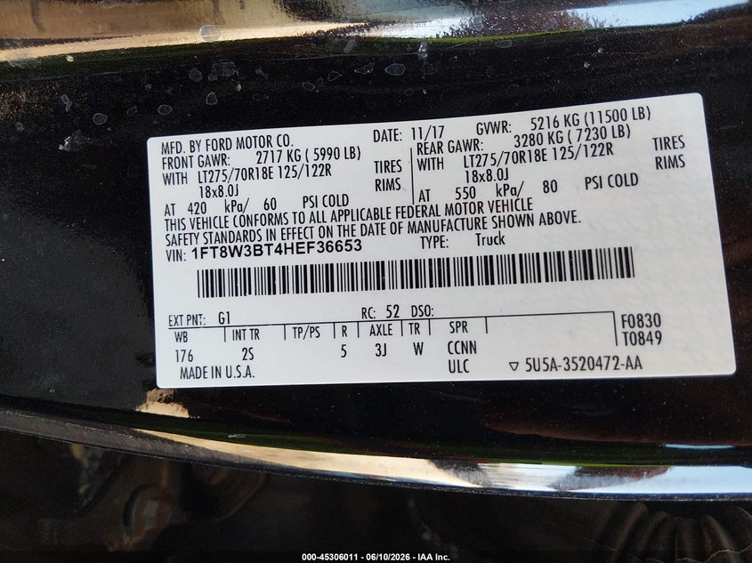 2017 Ford F350 VIN 1FT8W3BT4HEF36653 IAAI salvage auction — RIGHT FRONT, Salvage (Arizona), sold $12,100 on 2026-07-28 (photo 9)