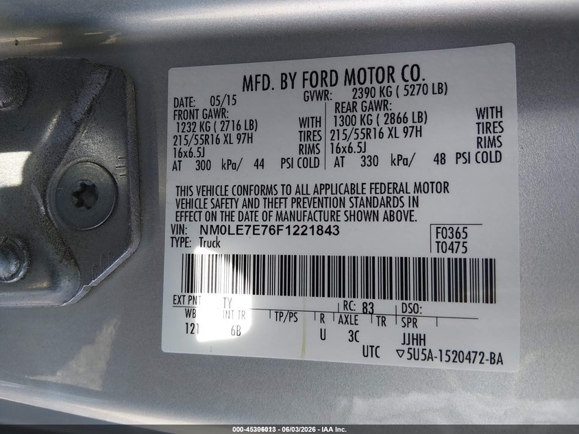 2015 Ford Transit VIN NM0LE7E76F1221843 IAAI salvage auction — REAR END, Sf97 (Iowa), sold $10,950 on 2026-07-09 (photo 9)