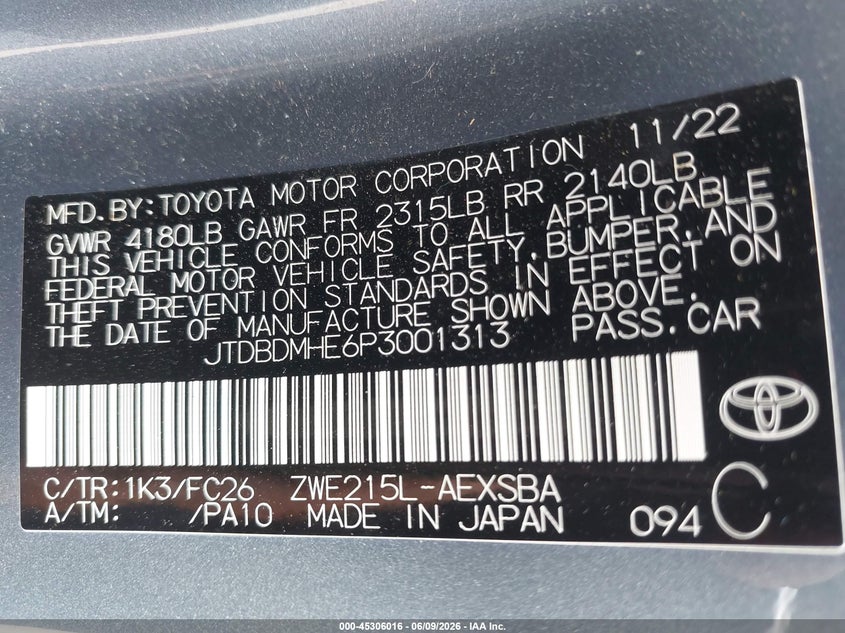 2023 Toyota Corolla VIN JTDBDMHE6P3001313 IAAI salvage auction — LEFT SIDE, Salvage (Virginia), sold $5,275 on 2026-07-28 (photo 9)