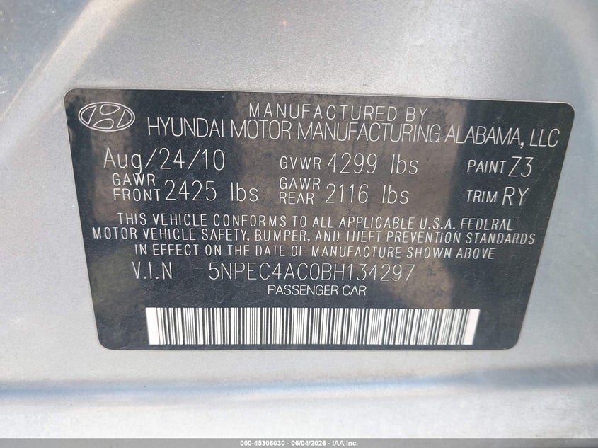 2011 Hyundai Sonata VIN 5NPEC4AC0BH134297 IAAI salvage auction — REAR END, Salvage (California), sold $625 on 2026-07-10 (photo 9)