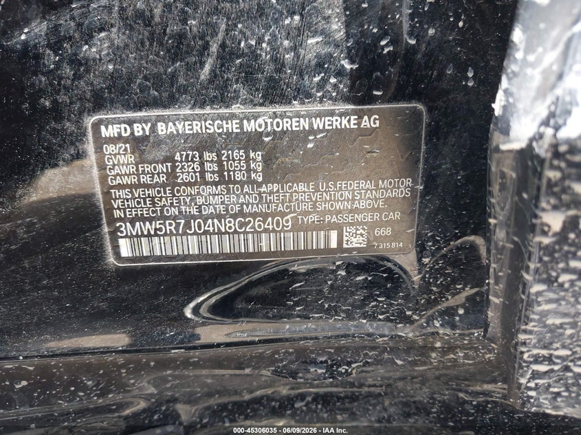 2022 BMW 3er VIN 3MW5R7J04N8C26409 IAAI salvage auction — LEFT & RIGHT, Salvage Title, sold $8,650 on 2026-07-29 (photo 9)