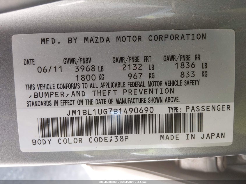 2011 Mazda 3 VIN JM1BL1UG7B1490690 IAAI salvage auction — LEFT FRONT, Salvage (California), sold $525 on 2026-07-15 (photo 9)