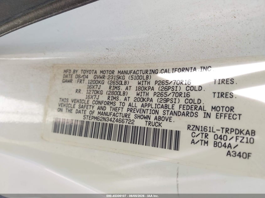 2004 Toyota Tacoma VIN 5TEPM62N34Z466722 IAAI salvage auction — FRONT END, Salvage (Arizona), sold $3,550 on 2026-07-26 (photo 9)